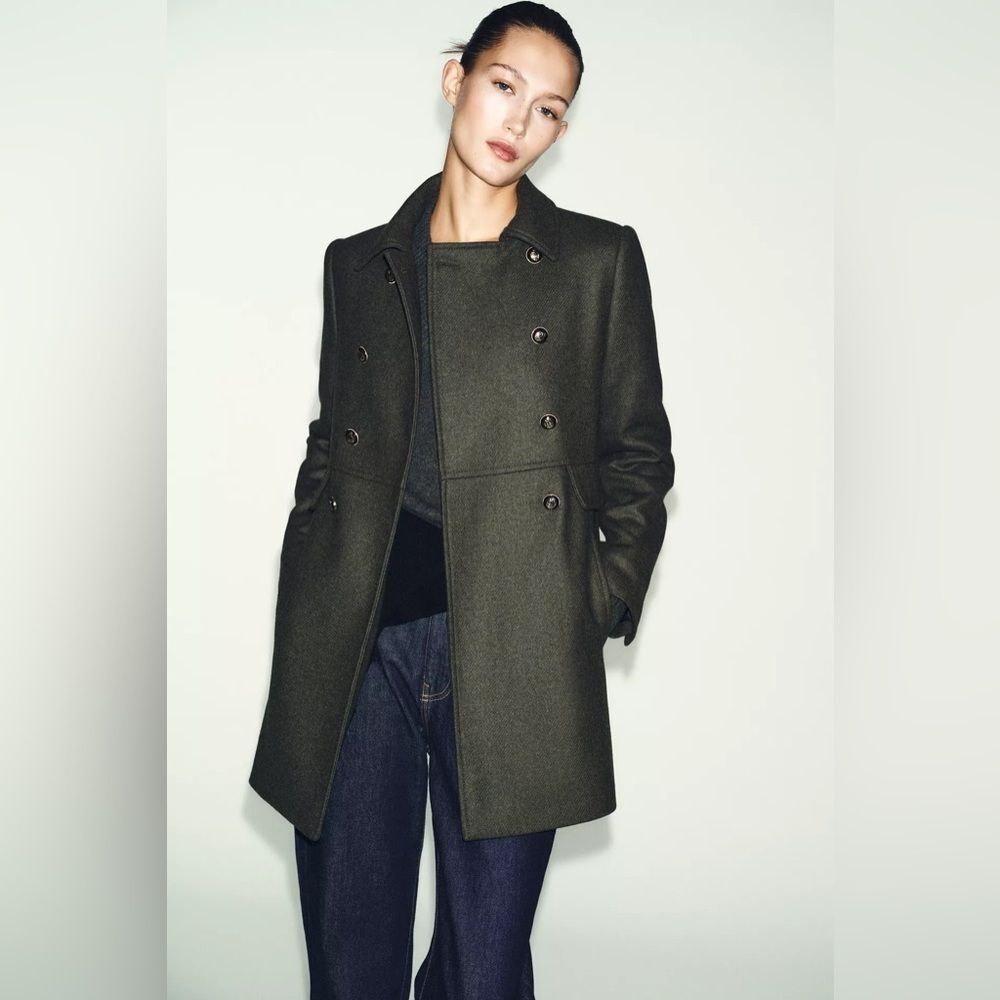 ZARA DOUBLE BREASTED KHAKI WOOL BLEND COAT - Picture 3 of 13